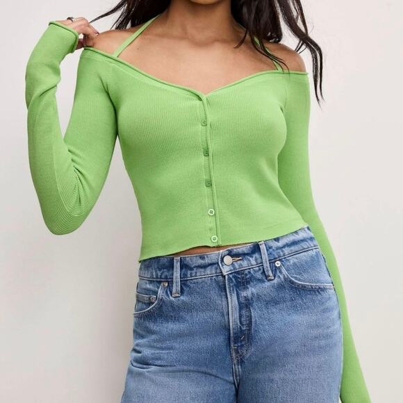 Good American Stretch Rib Knit Off Shoulder Top/Cardi In Lime - Picture 1 of 6